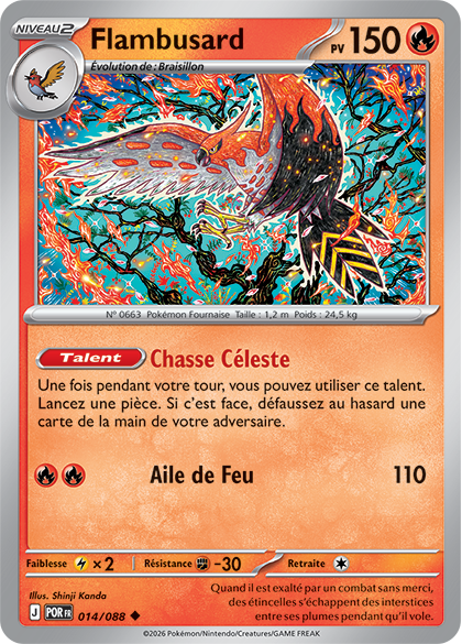 Carte Pokémon Flambusard - Illustration par Shinji Kanda - Extension Méga-Évolution : Équilibre Parfait